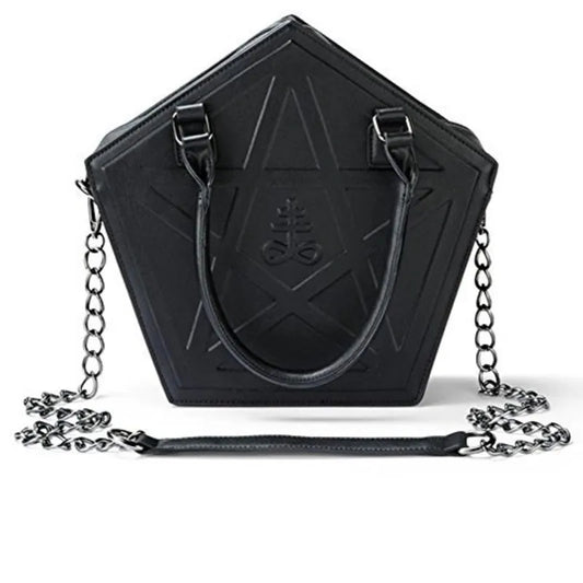 JIEROTYX Pentagram Punk Darkness Gothic Star Handbag Women Girl Black PU Soft Leather Shoulder Bag With Chain High Quality