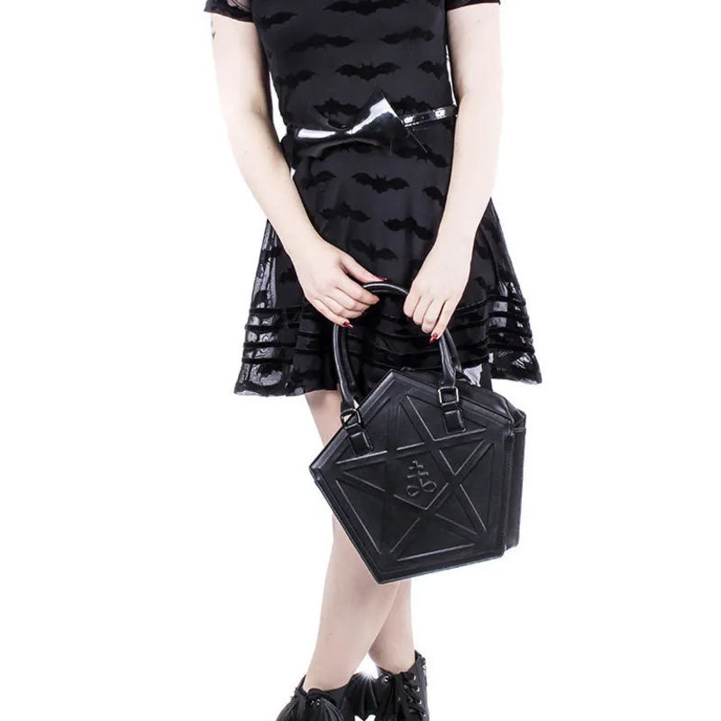 JIEROTYX Pentagram Punk Darkness Gothic Star Handbag Women Girl Black PU Soft Leather Shoulder Bag With Chain High Quality